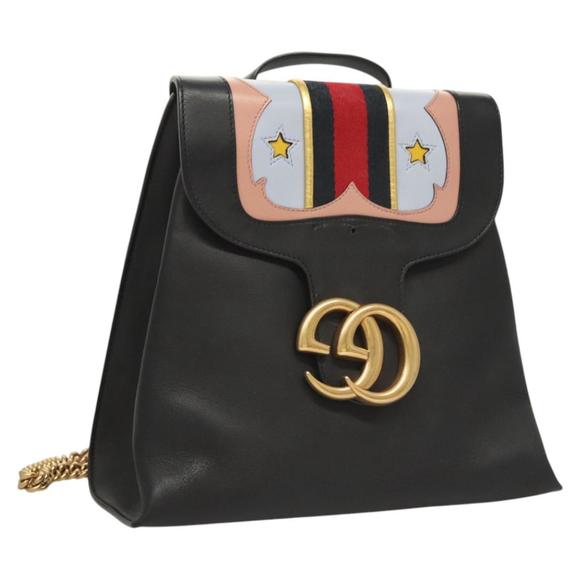 GUCCI Chain Sherry Line Backpack Leather Navy Gold 432265 Auth 124899 - Picture 1 of 16